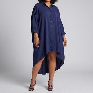 Dubgee by Whoopi High Low Shirt Dress Navy Satin Pockets Minimalist NEW size 3X